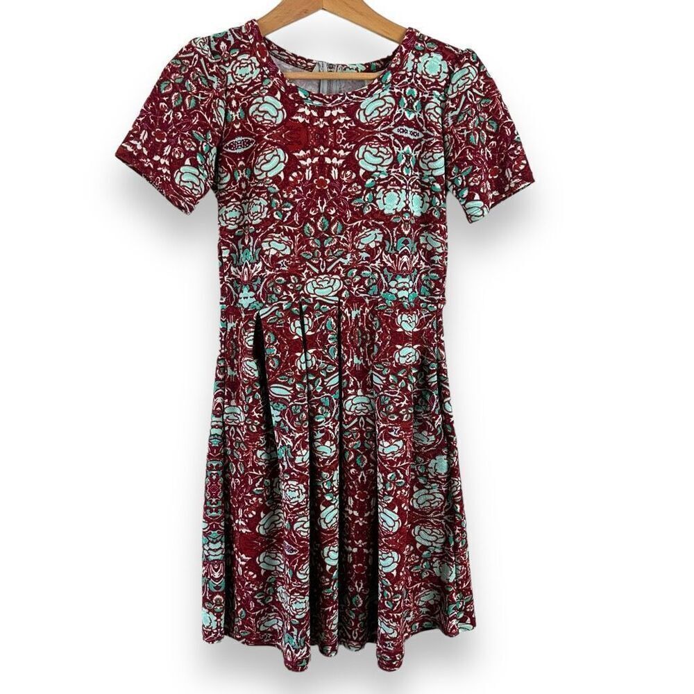 LuLaRoe Women's S Amelia Fit Flare Midi Dress Garden‎ Rose Print Red Teal Doodle